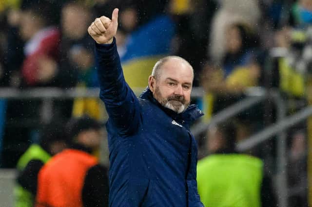 Steve Clarke gives the travelling Scotland fans the thumbs-up after the 0-0 draw with Ukraine in Krakow. (Photo by Craig Williamson / SNS Group)