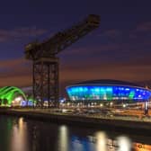 A night-time view of the SEC in Glasgow.
