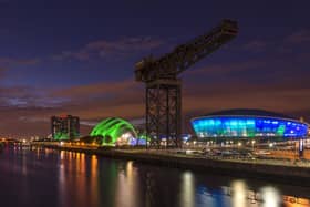 A night-time view of the SEC in Glasgow.