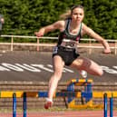 Leah Keisler on her way to winning 400m hurdles gold (Pic by Bobby Gavin)