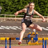 Leah Keisler on her way to winning 400m hurdles gold (Pic by Bobby Gavin)