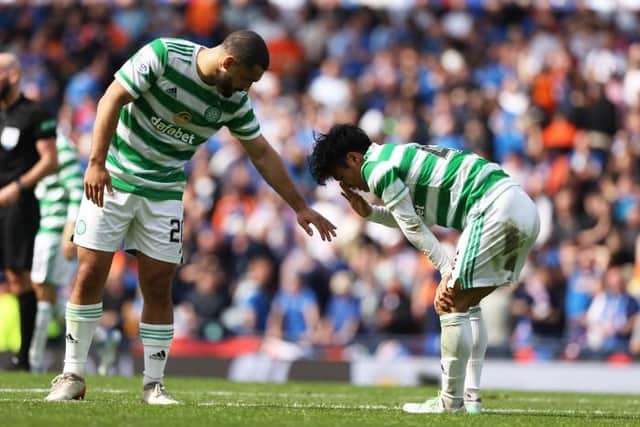 Reo Hatate picks up a knock during a Scottish Cup semi-final between Celtic and Rangers at Hampden. (Photo by Craig Williamson / SNS Group)