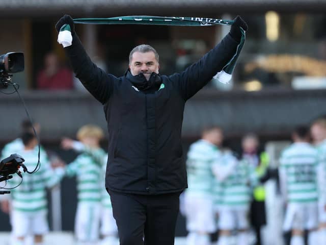Ange Postecoglou salutes the Celtic fans after the 3-0 win at Dundee United (Photo by Craig Williamson / SNS Group)