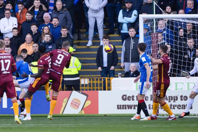 Rangers' John Lundstram (centre) scores to make it 2-0 to Rangers with a deflected header.