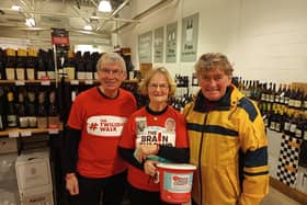 Milngavie personality Alasdair Gillies MBE wished Rachel and Don well in their effors to raise funds for brain tumour research at Majestic Wines, Bearsden