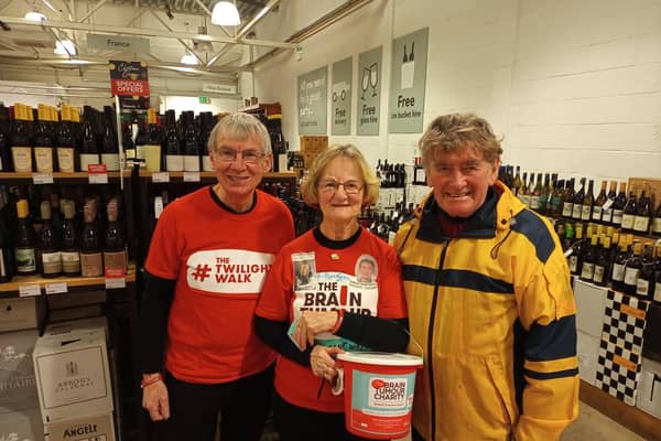 Milngavie personality Alasdair Gillies MBE wished Rachel and Don well in their effors to raise funds for brain tumour research at Majestic Wines, Bearsden