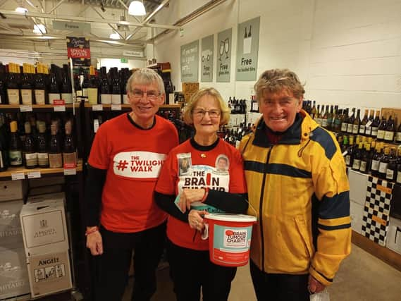 Milngavie personality Alasdair Gillies MBE wished Rachel and Don well in their effors to raise funds for brain tumour research at Majestic Wines, Bearsden