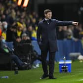 Rangers manager Steven Gerrard issues instructions from the technical area during his team's 1-1 draw against Brondby in Denmark. (Photo by MARTIN SYLVEST/Ritzau Scanpix/AFP via Getty Images)