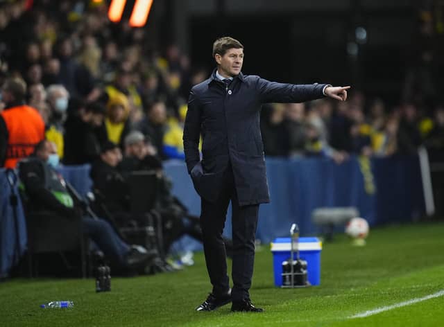 Rangers manager Steven Gerrard issues instructions from the technical area during his team's 1-1 draw against Brondby in Denmark. (Photo by MARTIN SYLVEST/Ritzau Scanpix/AFP via Getty Images)