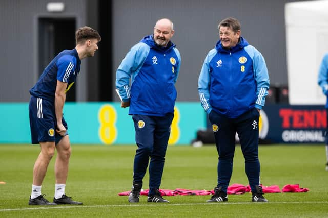 Kieran Tierney, manager Steve Clarke and assistant John Carver during a Scotland training session at Lesser Hampden on Friday. (Photo by Craig Williamson / SNS Group)