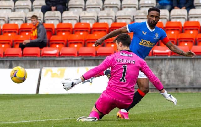 Rangers striker Jermain Defoe is denied by a smart save from Partick Thistle goalkeeper Jamie Sneddon in the first half of the pre-season friendly at Firhill on Monday night. (Photo by Craig Williamson / SNS Group)