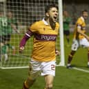 Callum Lang celebrates scoring for Motherwell in their last European home game, a 5-1 win over Glentoran on August 27, 2020