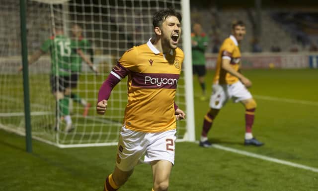 Callum Lang celebrates scoring for Motherwell in their last European home game, a 5-1 win over Glentoran on August 27, 2020
