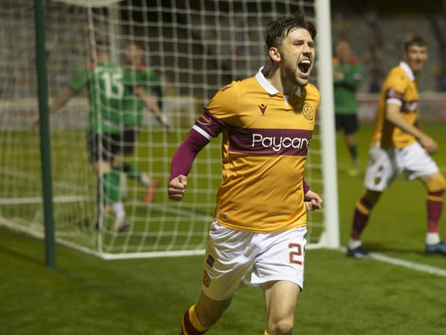 Callum Lang celebrates scoring for Motherwell in their last European home game, a 5-1 win over Glentoran on August 27, 2020