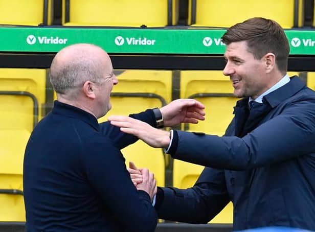 David Martindale (L) and Rangers manager Steven Gerrard ahead of kick off during the Scottish Premiership match between Livingston and Rangers at the Tony Macaroni Arena on May 12, 2021, in Livingston, Scotland.  (Photo by Rob Casey / SNS Group)