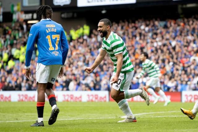 GLASGOW, SCOTLAND - APRIL 03: Celtic's Cameron Carter-Vickers celebrates his goal making it 2-1 during a cinch Premiership match between Rangers and Celtic at Ibrox Stadium, on April 02, 2022, in Glasgow, Scotland.  (Photo by Craig Williamson / SNS Group)