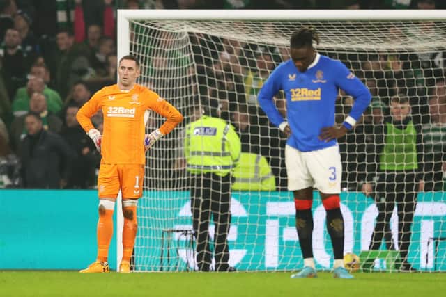 Rangers Allan McGregor and Calvin Bassey during the 3-0 defeat by Celtic.