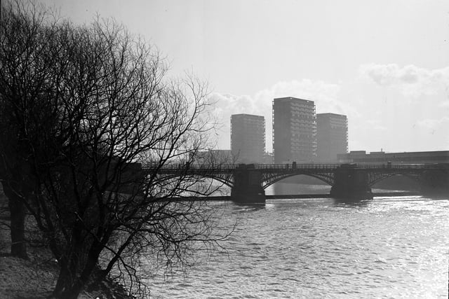 A view of the Gorbals from across the Clyde in Glasgow Green.