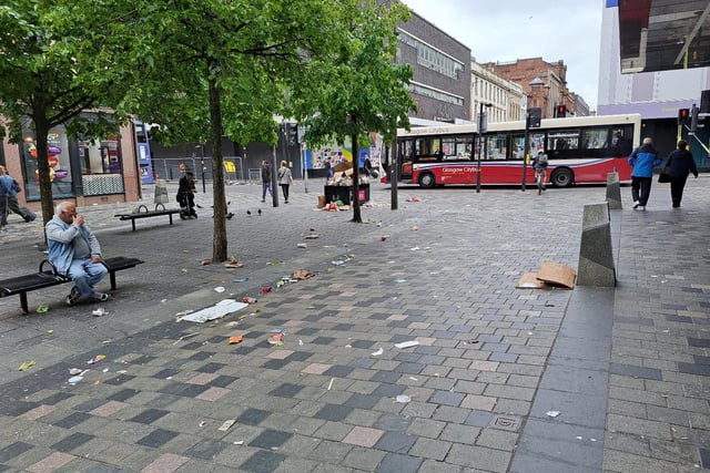 Rubbish blown across Sauchiehall Street.
