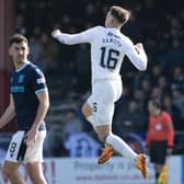 Aaron Ramsey leaps in celebration after scoring his first goal for Rangers to equalise in their 2-1 win over Dundee at Dens Park.  (Photo by Alan Harvey / SNS Group)