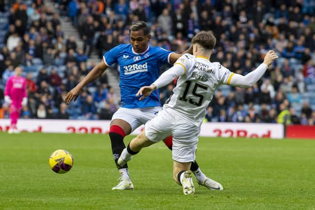 Livingston's Morgan Boyes was sent off for this tackle on Rangers' Alfredo Morelos.