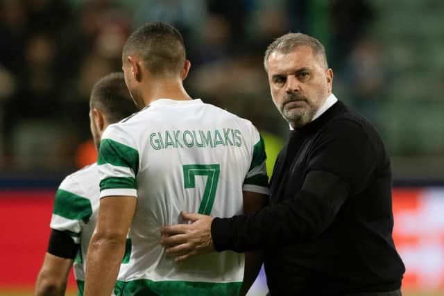 Celtic manager Ange Postecoglou and his Greek forward Giorgos Giakoumakis.