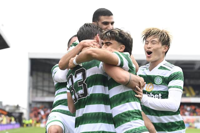 Celtic winger Jota celebrates making it 4-0 during the rout over Dundee United. (Photo by Rob Casey / SNS Group)
