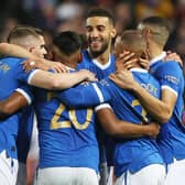 Rangers players celebrate after VAR awards their second goal against Brondby by Kemar Roofe which was initially ruled out for offside. (Photo by Craig Williamson / SNS Group)