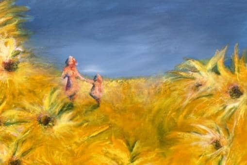The artwork, in Ukraine's blue and yellow colours, depicts a mum and daughter heading to safety in a sunflower field. It is being auctioned off to raise funds for people in Ukraine.