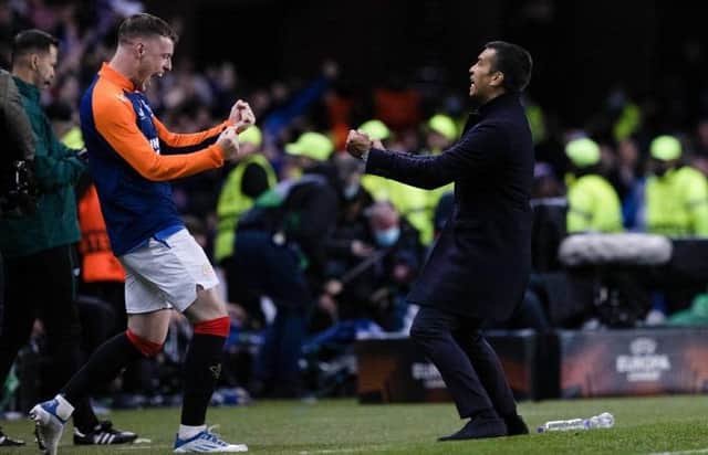 Rangers manager Giovanni van Bronckhorst celebrates at full time against RB Leipzig at Ibrox. (Photo by Craig Williamson / SNS Group)