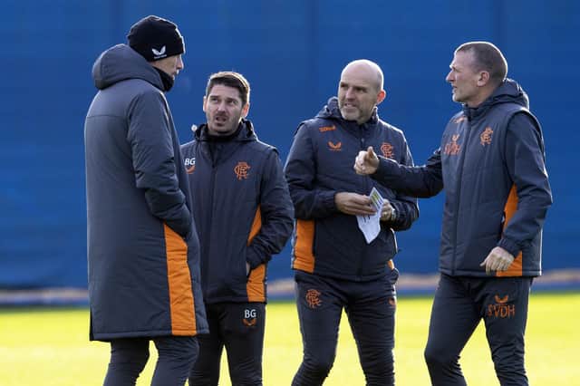 Rangers manager Philippe Clement with coaches Alex Rae (centre), Brian Gilmour and Stephan Van Der Heyden