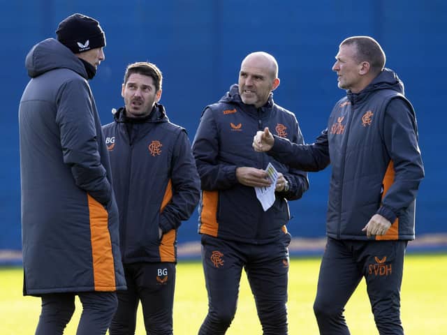 Rangers manager Philippe Clement with coaches Alex Rae (centre), Brian Gilmour and Stephan Van Der Heyden