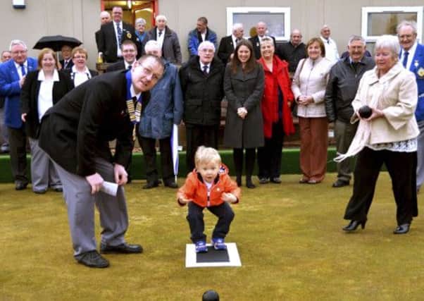 Forth Bowling Green Opening.  L to R front President Billy Neilson, Mum Cathrine and son Ross open the green.