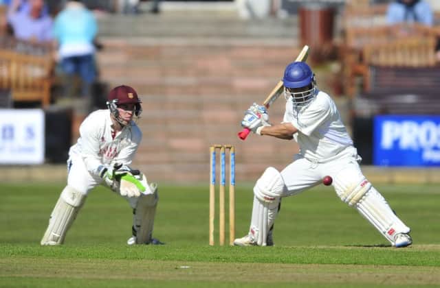 Clydesdale v Ayr. Titwood.  Shoaib Khan batting . N.Smith Ayr W/C. Picture Robert Perry Scotland on Sunday 25th May 2013