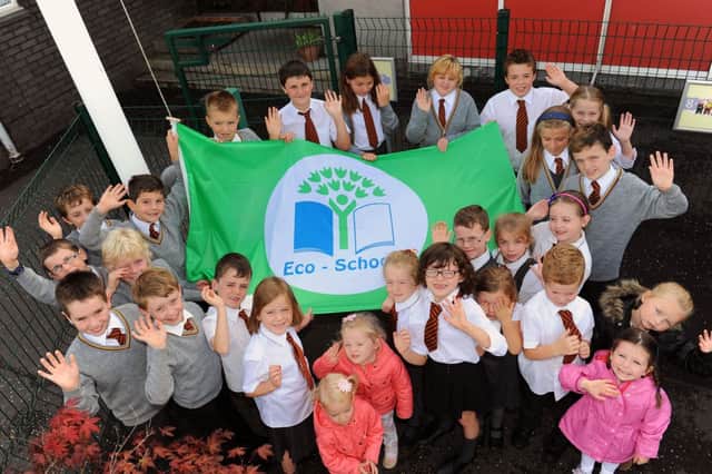 Holy Cross Primary pupils are pictured with their green flag.