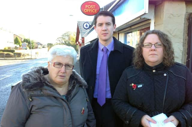 MSP Mark Griffin, and councillors Heather McVey and Jean Jones are pictured outside Croy Post Office.