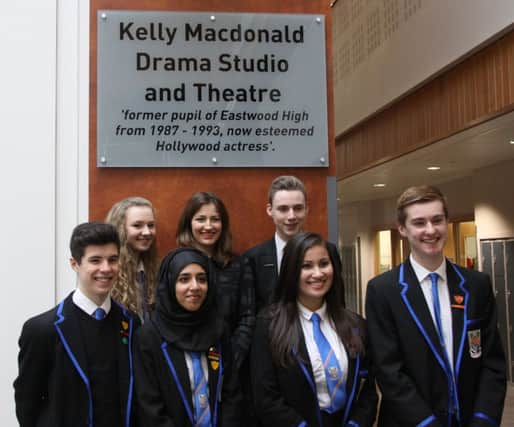 Hollywood star Kelly Macdonald (centre rear) with some of the sixth form pupils at the new Eastwood High School.