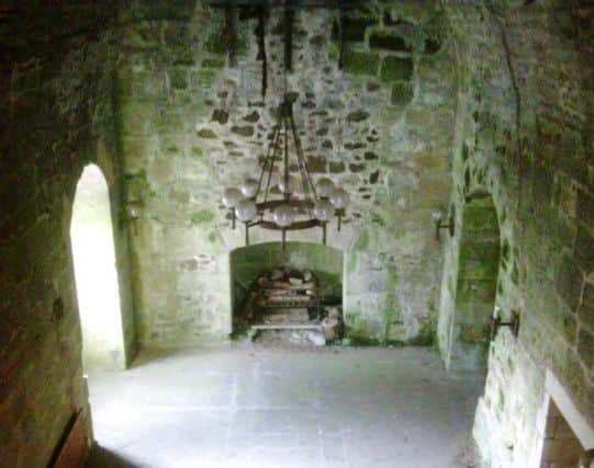 Mearns Castle interior (above) and exterior (below). Bottom: members of the church used the castle building during the 70s.