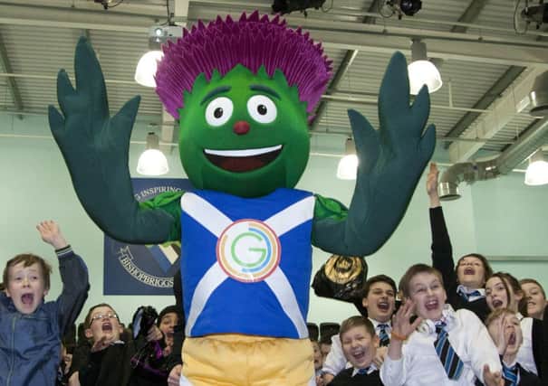 Glasgow 2014 mascot Clyde visited Bishopbriggs Acadmey today to promote the "Sport your trainers day". Today was also Commonwealth day. It is now under 500 days until Glasgow host the Commonwealth Games in 2014. Pictured with Clyde are S1 and S2 pupils.