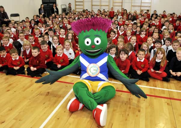 Scots wahey...'Clyde' the Commonwealth Games mascot visits Blackwood Primary (Pic Lindsay Addison)