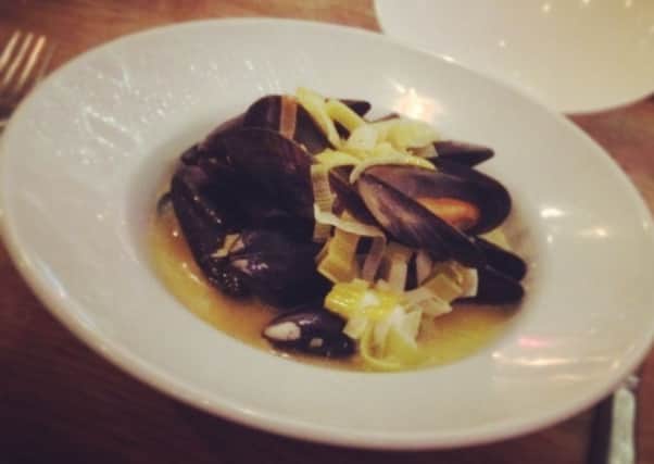 Mussels in a smoked cheese and leek broth