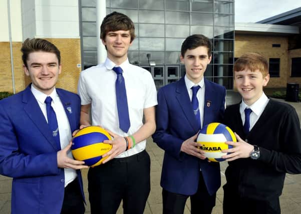 Scottish Schools champs...Carluke High School volleyball team (l-r) Jordan Scott (17) S6, Conor Walker (15) S4, Marc McLaughlin (17) S6 and Stuart MacKenzie (16) (Pic Lindsay Addison)