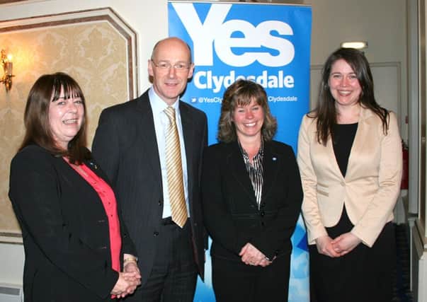 The Cornhill Hotel near Biggar was packed on Monday, April 14, 2014, to hear John Swinney, the man in charge of Scotlands finances, set out why he thinks Scotland can, should and must be an independent country. Pictured are (l-r) the MC for the evening Amanda Burgauer, with John Swinney, Business for Scotlands Michelle Thomson and Clydesdale MSP Aileen Campbell.