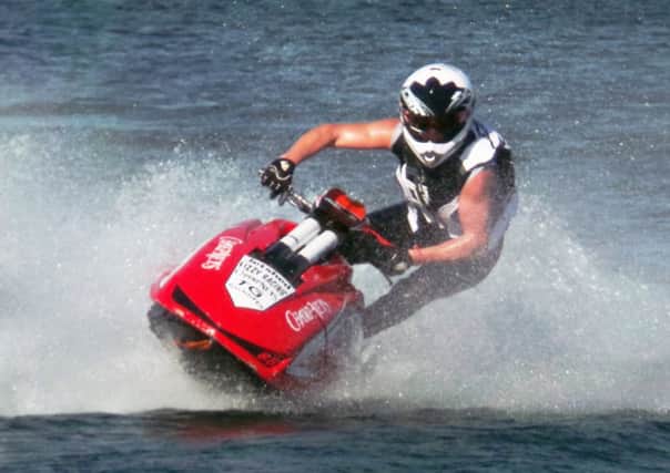 In the water...Kirkmuirhill jetski ace Jason Young in action at Tattershall Lakes in Lincolnshire, where he came second overall (Submitted pic)