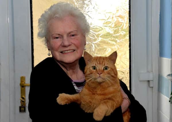 Unwelcome guest...Agnes Nelson with the stray cat (Pic Rodger Price)