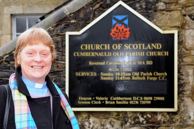 PIC: CUMBERNAULD VILLAGE. Cumbernauld Old Parish Church. Church been awarded Lottery grant for new roof, picture of Reverend Catriona Ogilvie in the Parish.