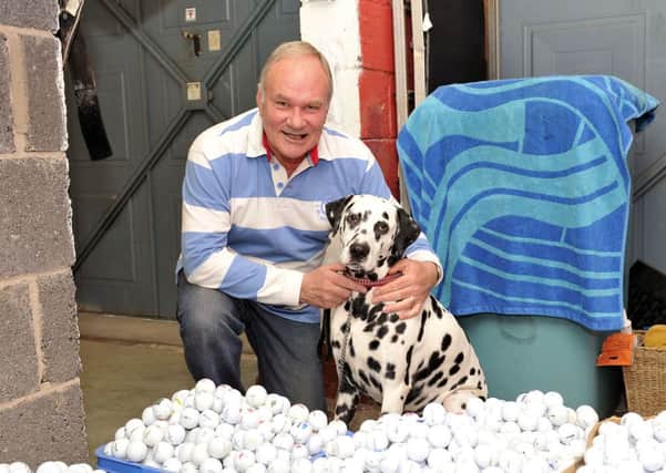 19-05-2014. Picture Michael Gillen. CUMBERNAULD. Westerwood. Mike Williams and Prince the dalmatian, they have collected 9500 golf balls they will sell to raise funds for Strathcarron.