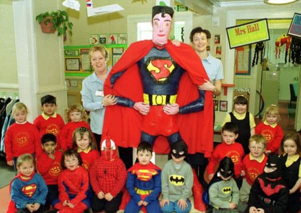 Our Lady & St Francis Nursery, Carfin, with model of Superman in April 2001