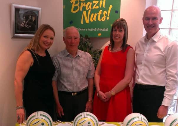 Motherwell legends Billy Reid and Chris McCart with Jacqui Connelly and Margaret Paterson at the Times & Speaker World Cup draw