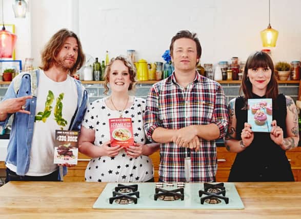 Jamie Oliver with l-r DJ BBQ, Kerrann Dunlop, Cupcake Jemma.